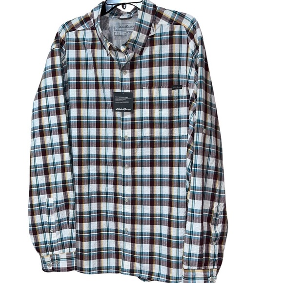 Eddie Bauer UPF 40 MR Long-Sleeve Pack It Tech Seersucker Dk Sable Size XXL - Picture 4 of 12